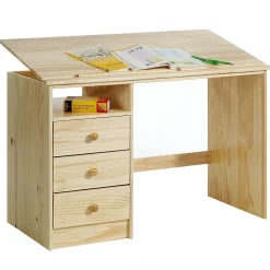 Bureau enfant KEVIN, en pin massif, 3 tiroirs et plateau inclinable, vernis naturel