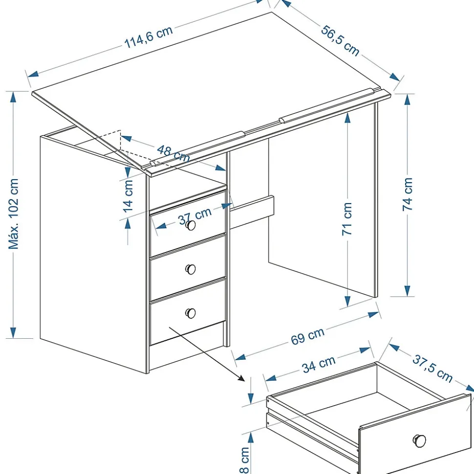 Bureau enfant KEVIN, en pin massif, 3 tiroirs et plateau inclinable, vernis naturel