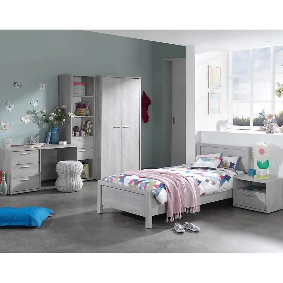 Bureau enfant robuste 3 tiroirs collection MATHEO coloris gris effet bois