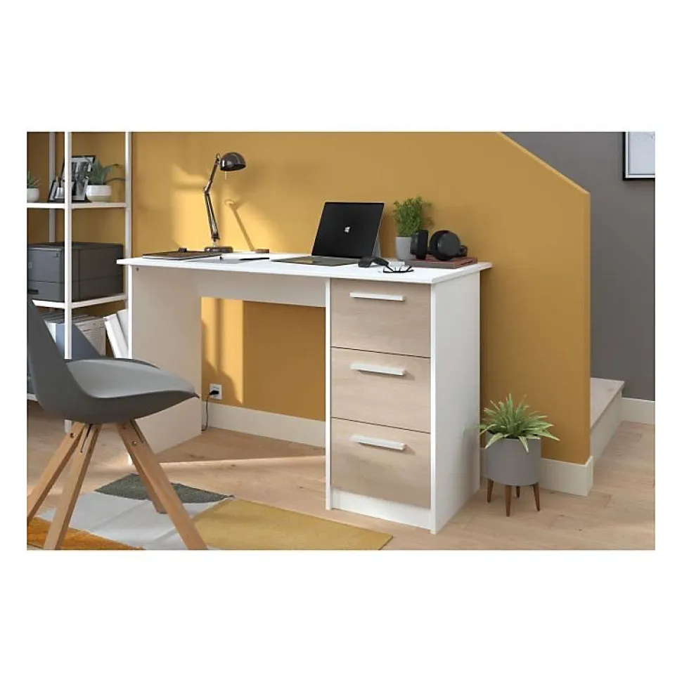 Bureau ESSENTIEL PARISOT 3 tiroirs - Décor chene et blanc - L 121,2 x P 55 x H 74,5 cm - Fabriqué en France