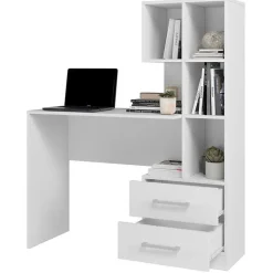 Bureau et Bibliothèque Intégrée 2 Tiroirs 6 Niches Blancs L 108.3 H 130 P 40 cm - L 108.3 x l 40 x H 130 cm