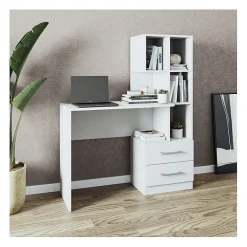 Bureau et Bibliothèque Intégrée 2 Tiroirs 6 Niches Blancs L 108.3 H 130 P 40 cm - L 108.3 x l 40 x H 130 cm