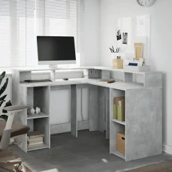 Bureau et lumières LED gris béton 130x130x91cm bois ingénierie vidaXL