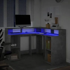 Bureau et lumières LED gris béton 130x130x91cm bois ingénierie vidaXL