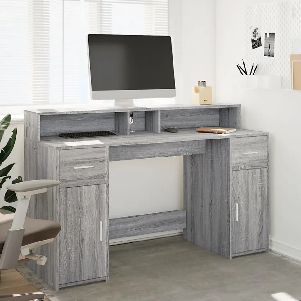 Bureau et lumières LED sonoma gris 140x55x91 cm bois ingénierie vidaXL