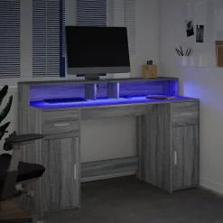 Bureau et lumières LED sonoma gris 140x55x91 cm bois ingénierie vidaXL