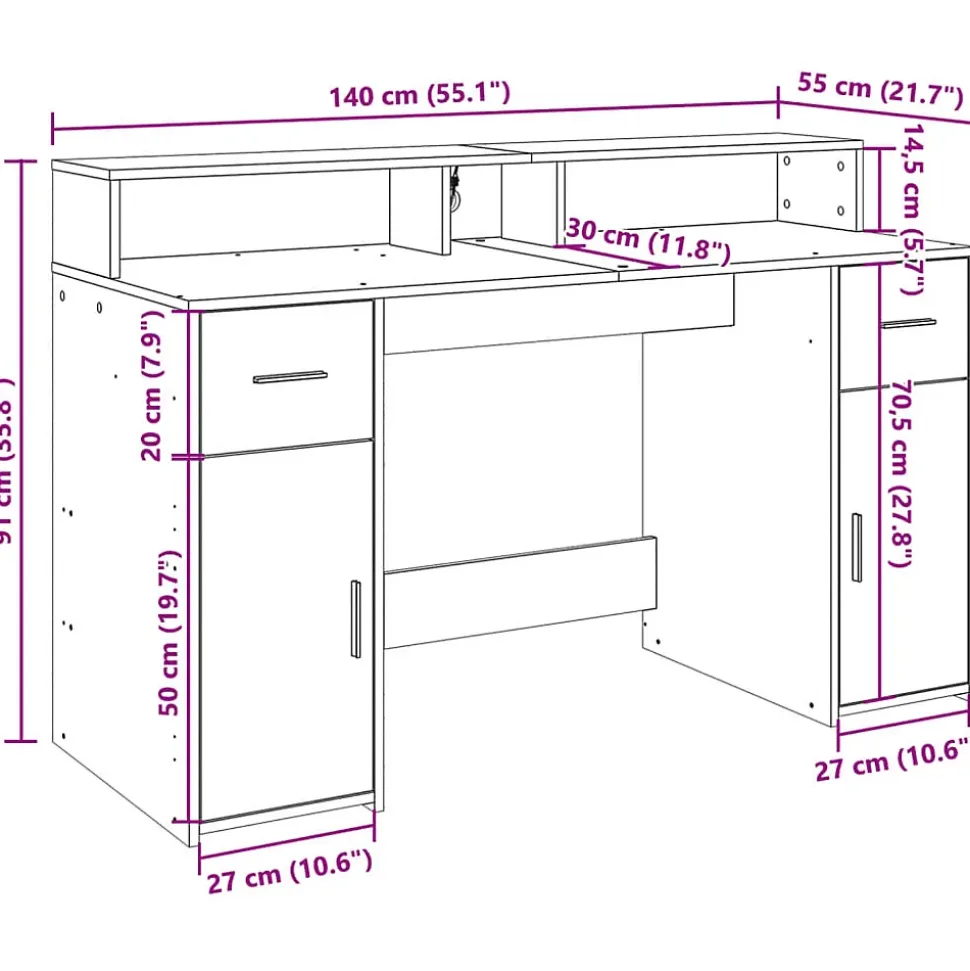 Bureau et lumières LED sonoma gris 140x55x91 cm bois ingénierie vidaXL