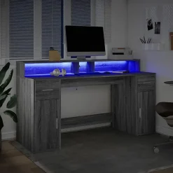 Bureau et lumières LED sonoma gris 160x55x91 cm bois ingénierie vidaXL