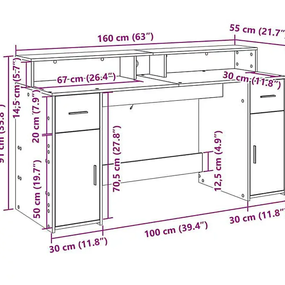 Bureau et lumières LED sonoma gris 160x55x91 cm bois ingénierie vidaXL