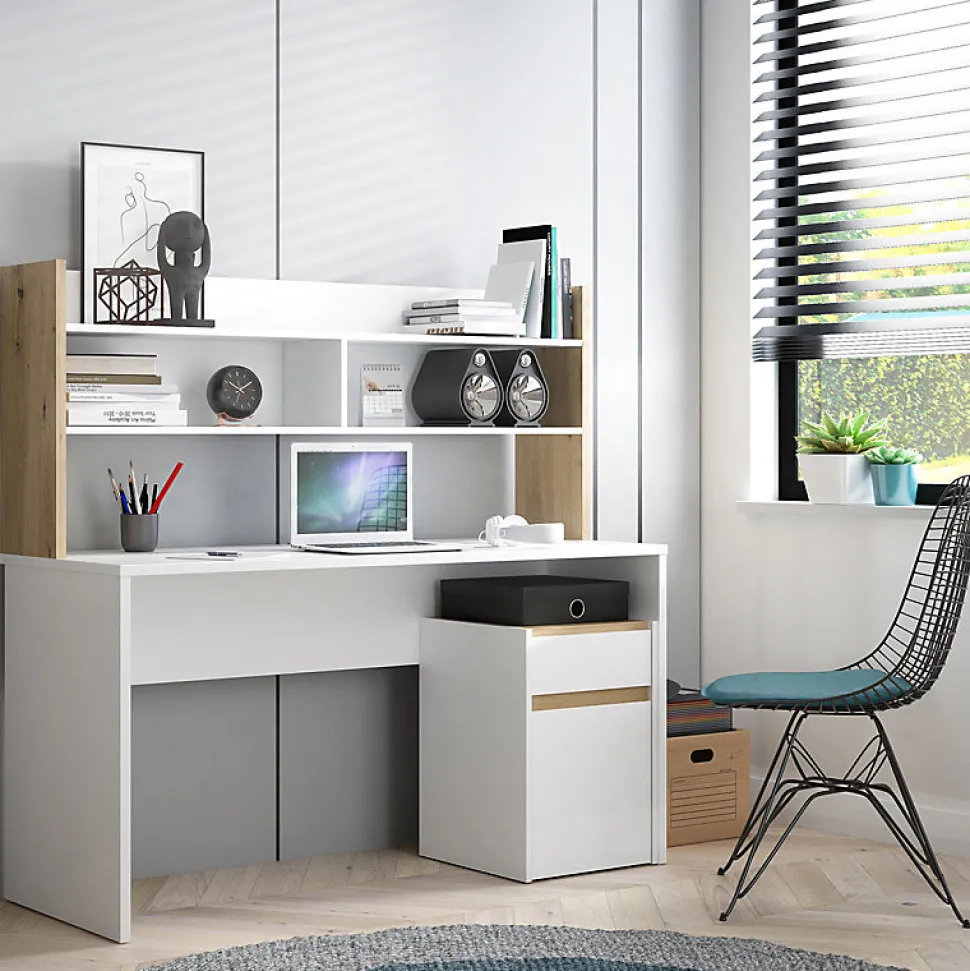Bureau et surmeuble 110 cm blanc mat et décor bois de chêne - ODYSSÉE