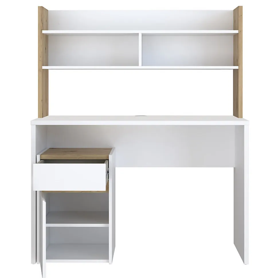Bureau et surmeuble 110 cm blanc mat et décor bois de chêne - ODYSSÉE
