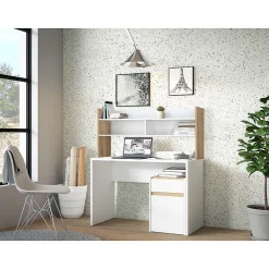 Bureau et surmeuble 110 cm blanc mat et décor bois de chêne - ODYSSÉE