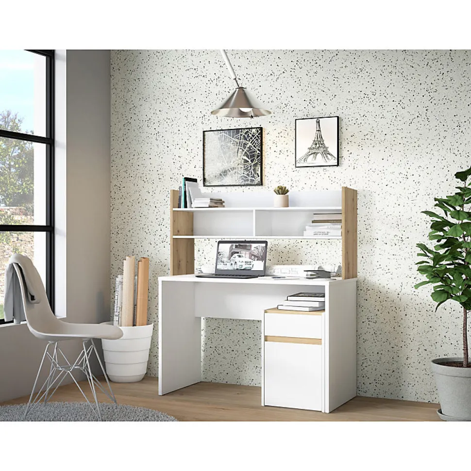 Bureau et surmeuble 110 cm blanc mat et décor bois de chêne - ODYSSÉE