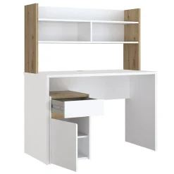 Bureau et surmeuble 110 cm blanc mat et décor bois de chêne - ODYSSÉE
