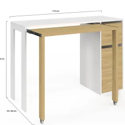 Bureau extensible RON avec colonne de rangement tiroir et placard blanc et bois