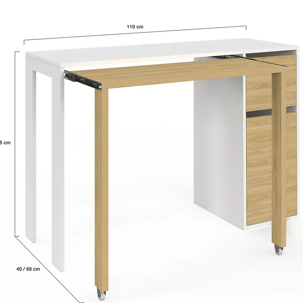 Bureau extensible RON avec colonne de rangement tiroir et placard blanc et bois