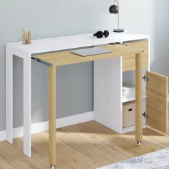 Bureau extensible RON avec colonne de rangement tiroir et placard blanc et bois