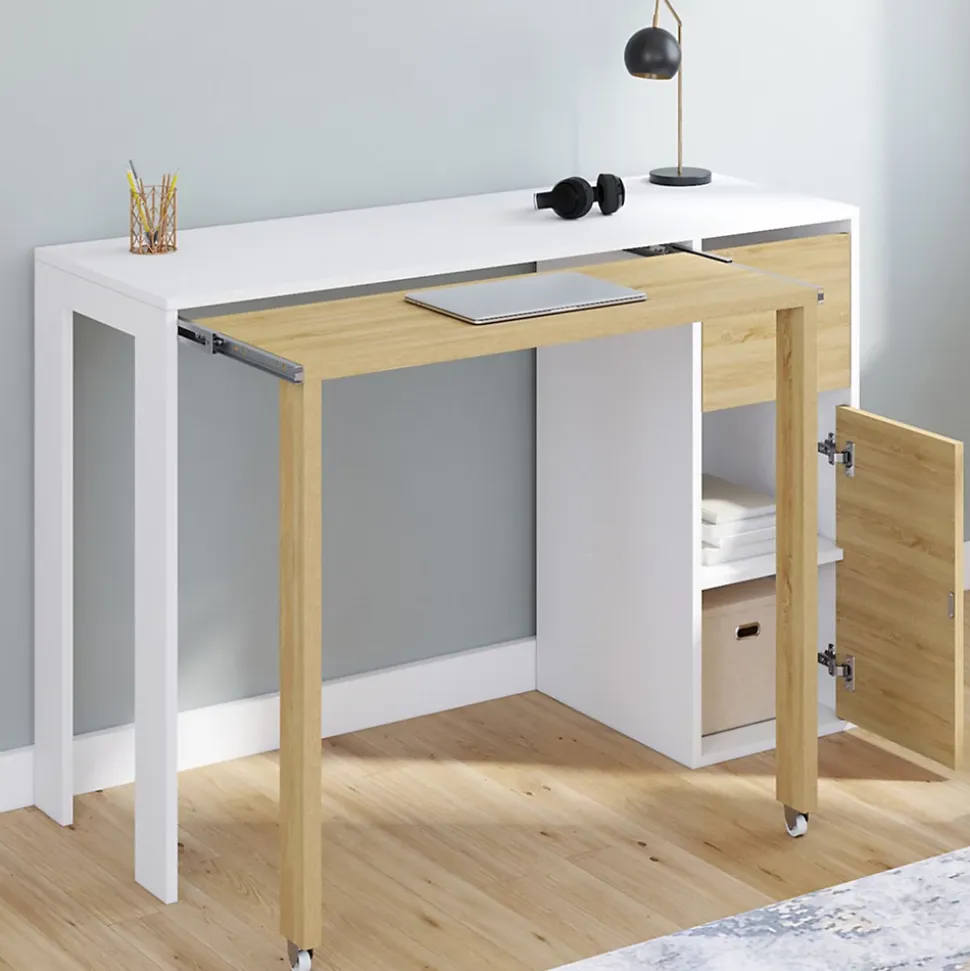 Bureau extensible RON avec colonne de rangement tiroir et placard blanc et bois