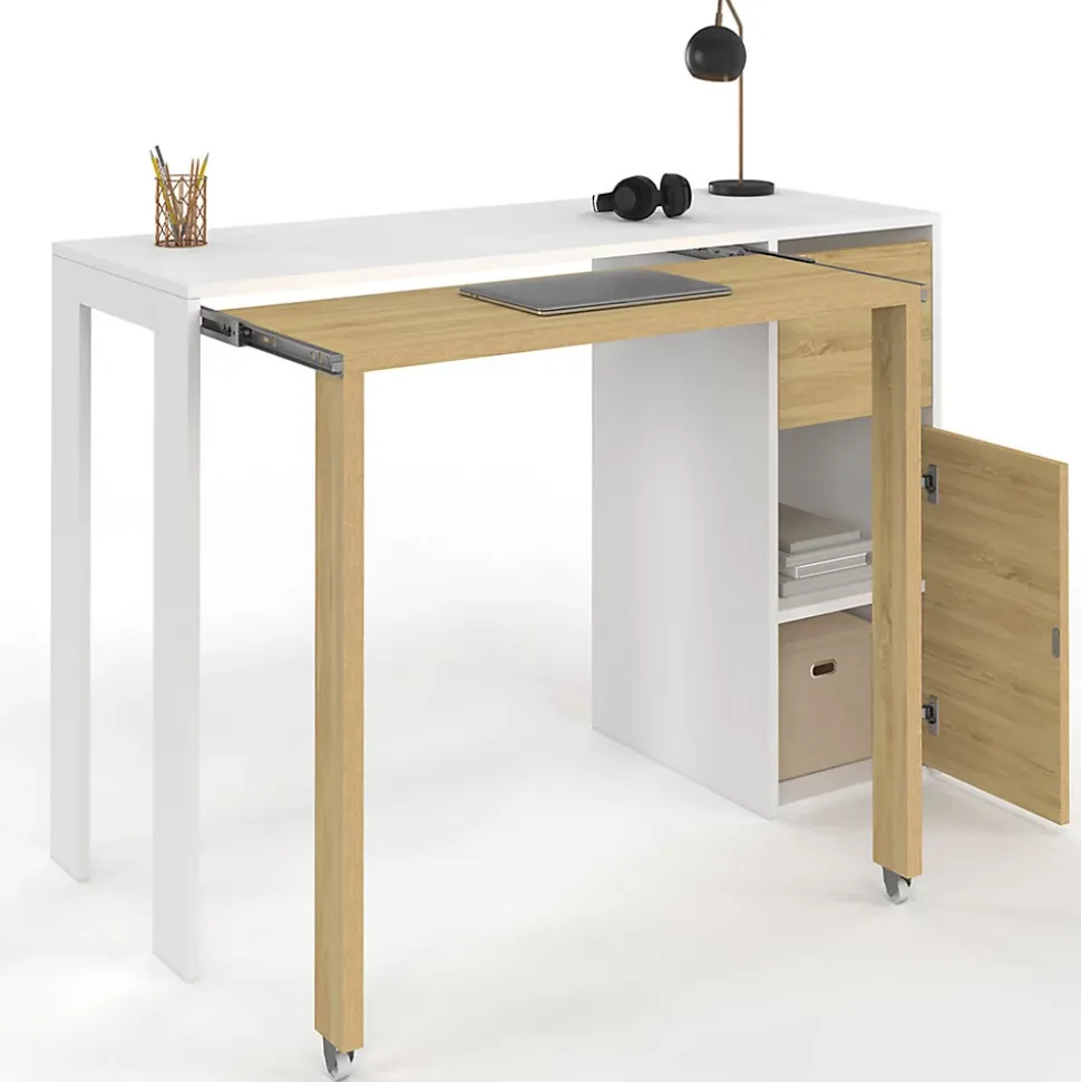 Bureau extensible RON avec colonne de rangement tiroir et placard blanc et bois