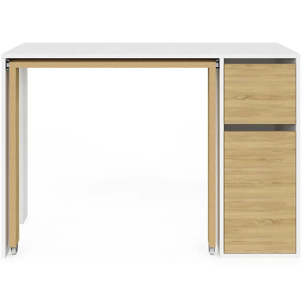 Bureau extensible RON avec colonne de rangement tiroir et placard blanc et bois