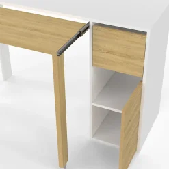 Bureau extensible RON avec colonne de rangement tiroir et placard blanc et bois