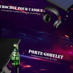 Bureau Gaming Bureau dOrdinateur Bureau Gaming Table de Jeu pour Gamer avec Porte Gobelet deau et Support de Manette de Jeu