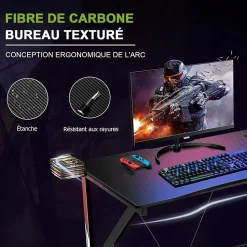 Bureau Gaming Table en Bois pour Gaming avec Crochet pour Casque Porte Gobelet Support pour CD Bureau de Jeu en Forme de K