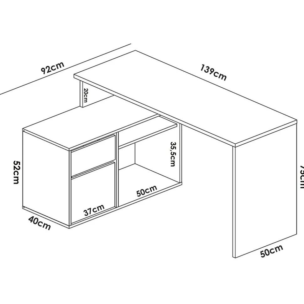 Bureau Gardena, Bureau multi-positions pour le bureau ou la chambre, Table d'étude d'angle polyvalente, 139x92h75 cm, Blanc