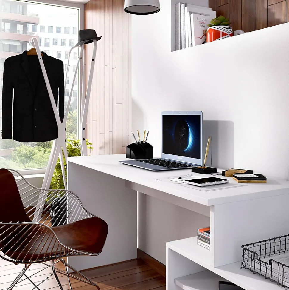 Bureau Gardena, Bureau multi-positions pour le bureau ou la chambre, Table d'étude d'angle polyvalente, 139x92h75 cm, Blanc