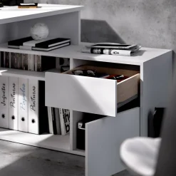 Bureau Gardena, Bureau multi-positions pour le bureau ou la chambre, Table d'étude d'angle polyvalente, 139x92h75 cm, Blanc