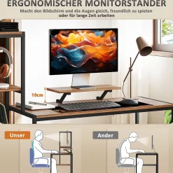 Bureau Informatique - Support Moniteur et Espace Imprimante, Étageres de Rangement, Panneau de Particules, Brun
