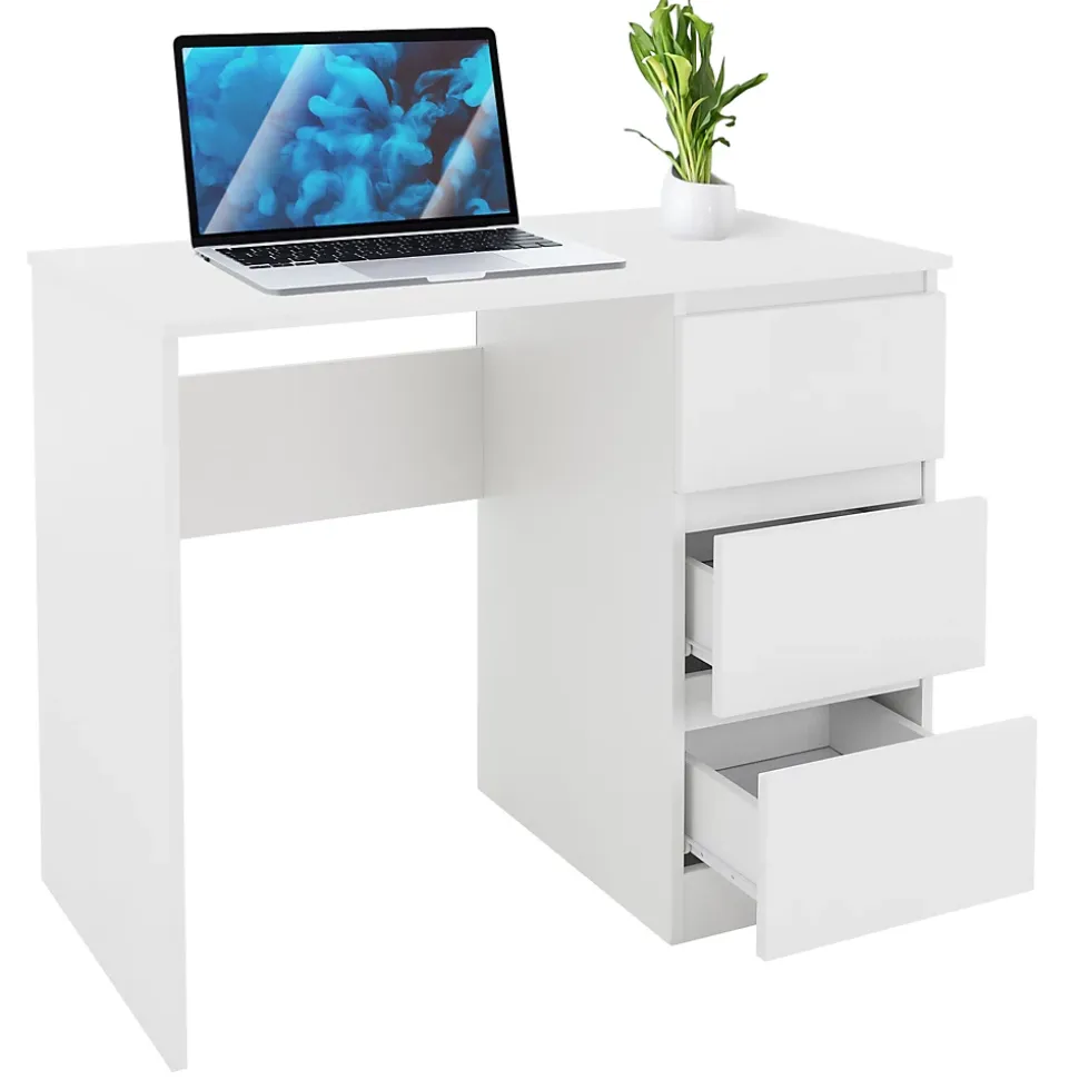 Bureau informatique avec 3 tiroirs table de travail blanc mat + materiel montage
