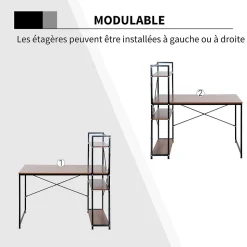 Bureau informatique design industriel avec bibliothèque 3 étagères panneaux particules aspect noyer métal noir