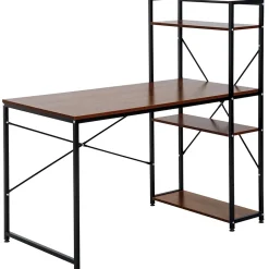 Bureau informatique design industriel avec bibliothèque 3 étagères panneaux particules aspect noyer métal noir