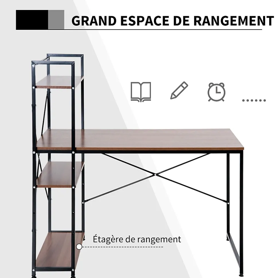 Bureau informatique design industriel avec bibliothèque 3 étagères panneaux particules aspect noyer métal noir