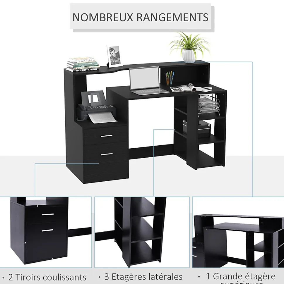 Bureau informatique multimédia design multi-rangement dim. 137 x 55 x 92 cm noir