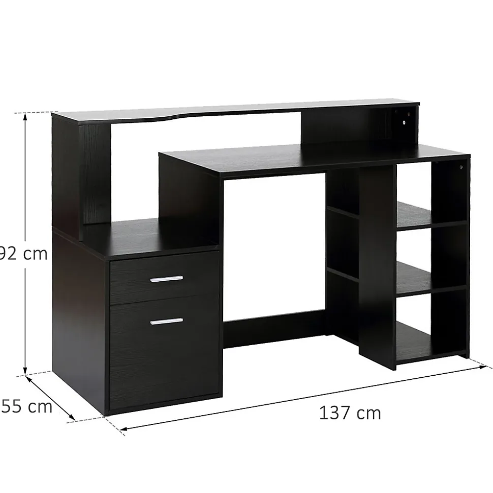 Bureau informatique multimédia design multi-rangement dim. 137 x 55 x 92 cm noir