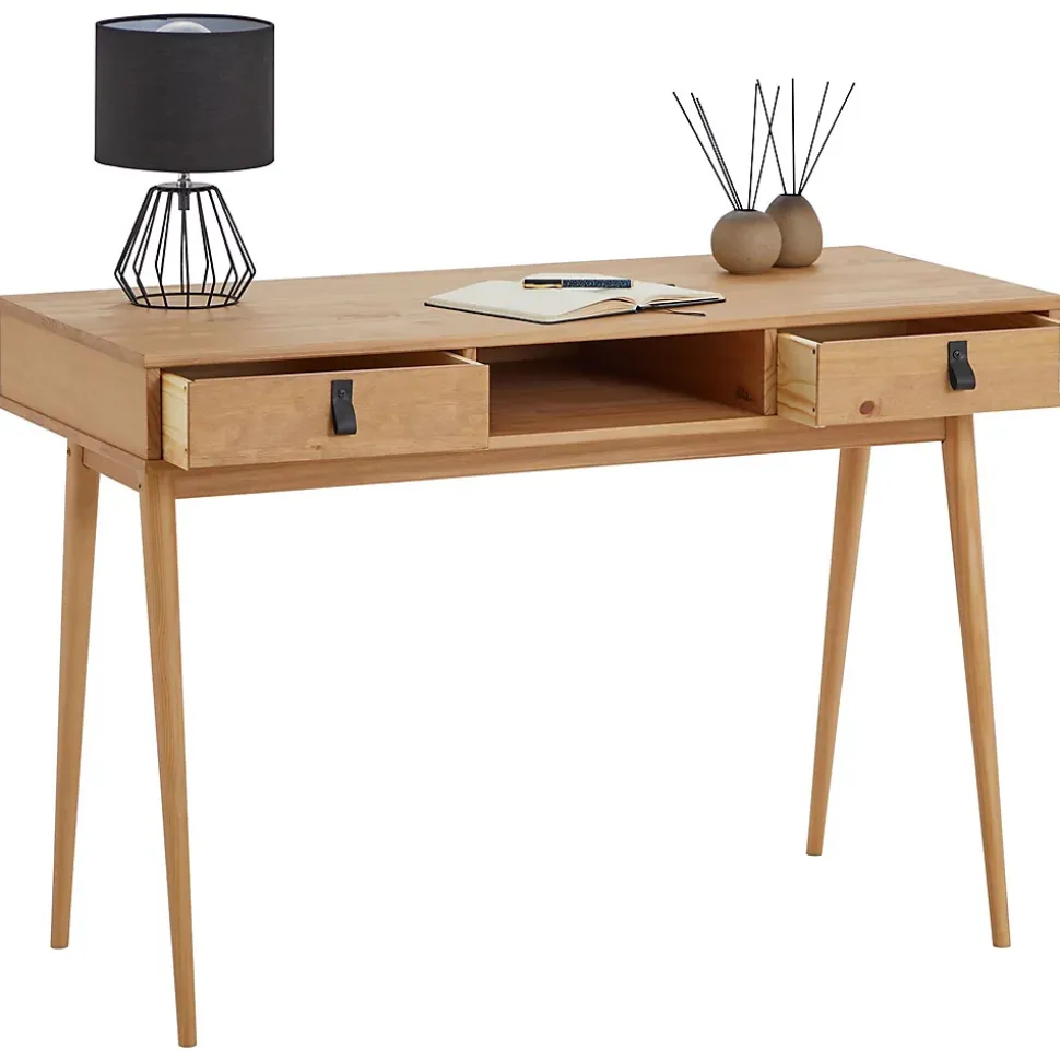 Bureau KIM en pin massif avec 2 tiroirs et 1 niche lasuré brun