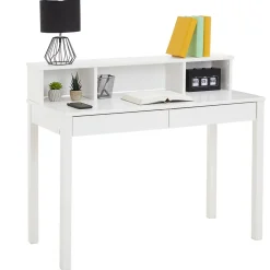 Bureau LENNOX, avec 2 tiroirs et 3 niches, en pin massif lasuré blanc