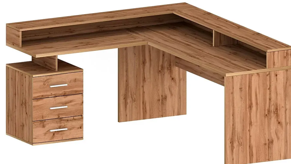 Bureau Leonilda, Bureau d'angle avec plateau, Bureau polyvalent, 180x90h160 cm, Chêne