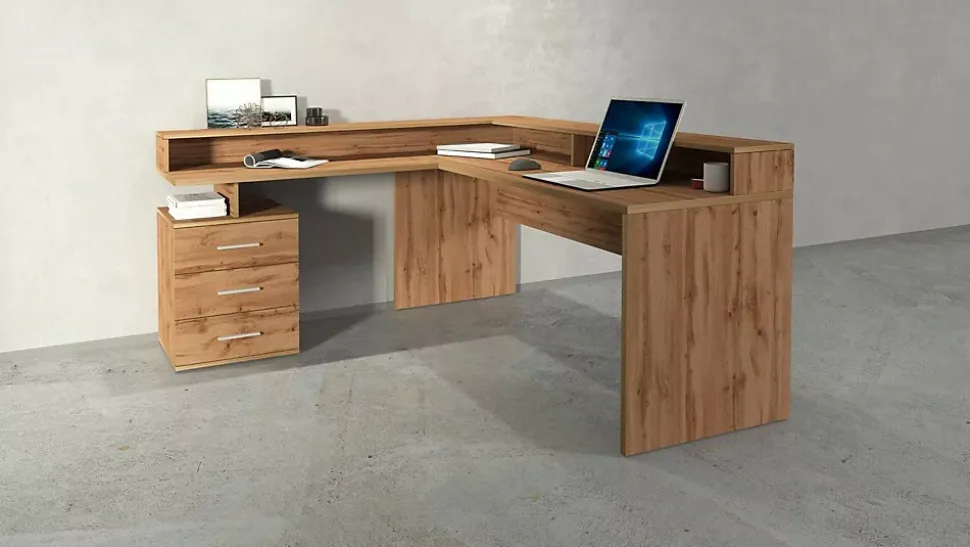 Bureau Leonilda, Bureau d'angle avec plateau, Bureau polyvalent, 180x90h160 cm, Chêne
