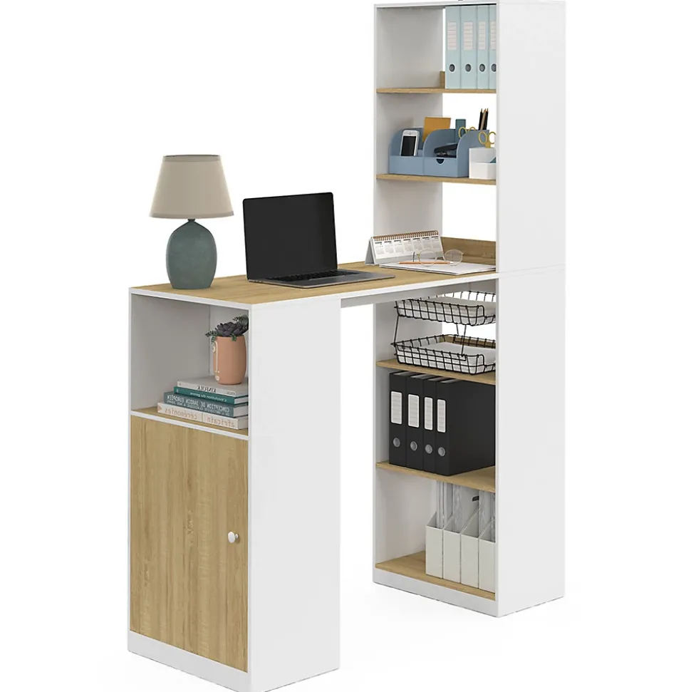 Bureau LUNG avec rangements et placard 2 personnes blanc et bois
