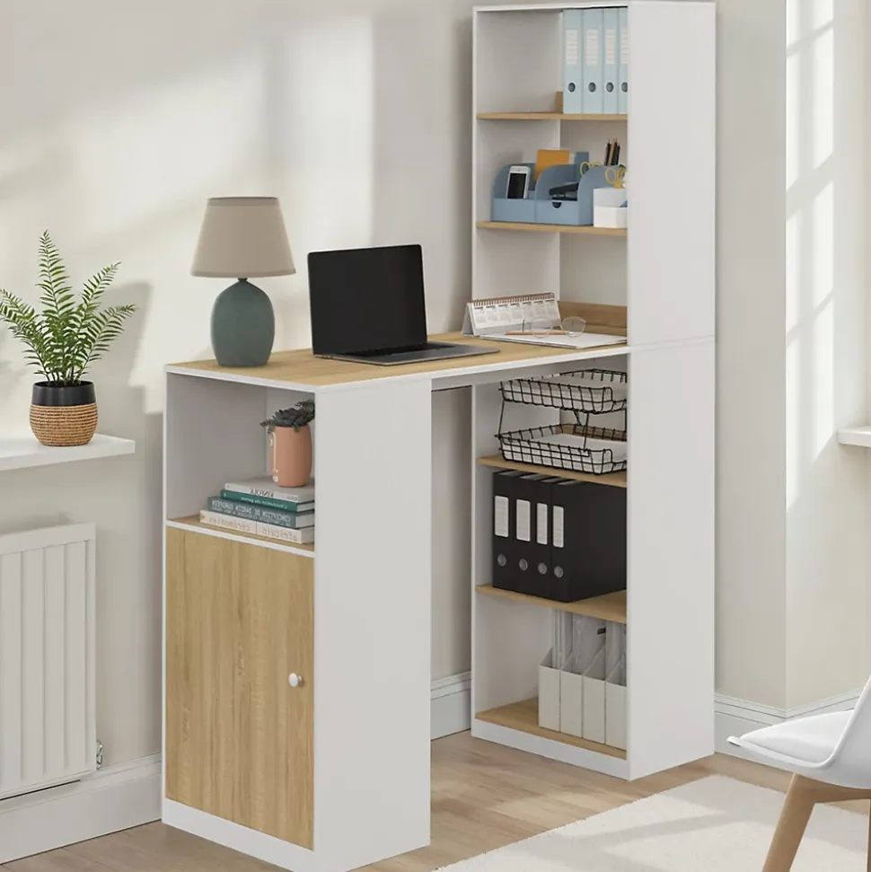 Bureau LUNG avec rangements et placard 2 personnes blanc et bois