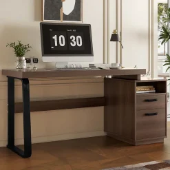 Bureau Moderne avec Tiroir Silencieux, Rangement Multifonction et Support Dossiers, MDF+Métal, 135x54x76,3 cm, Brun