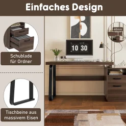 Bureau Moderne avec Tiroir Silencieux, Rangement Multifonction et Support Dossiers, MDF+Métal, 135x54x76,3 cm, Brun