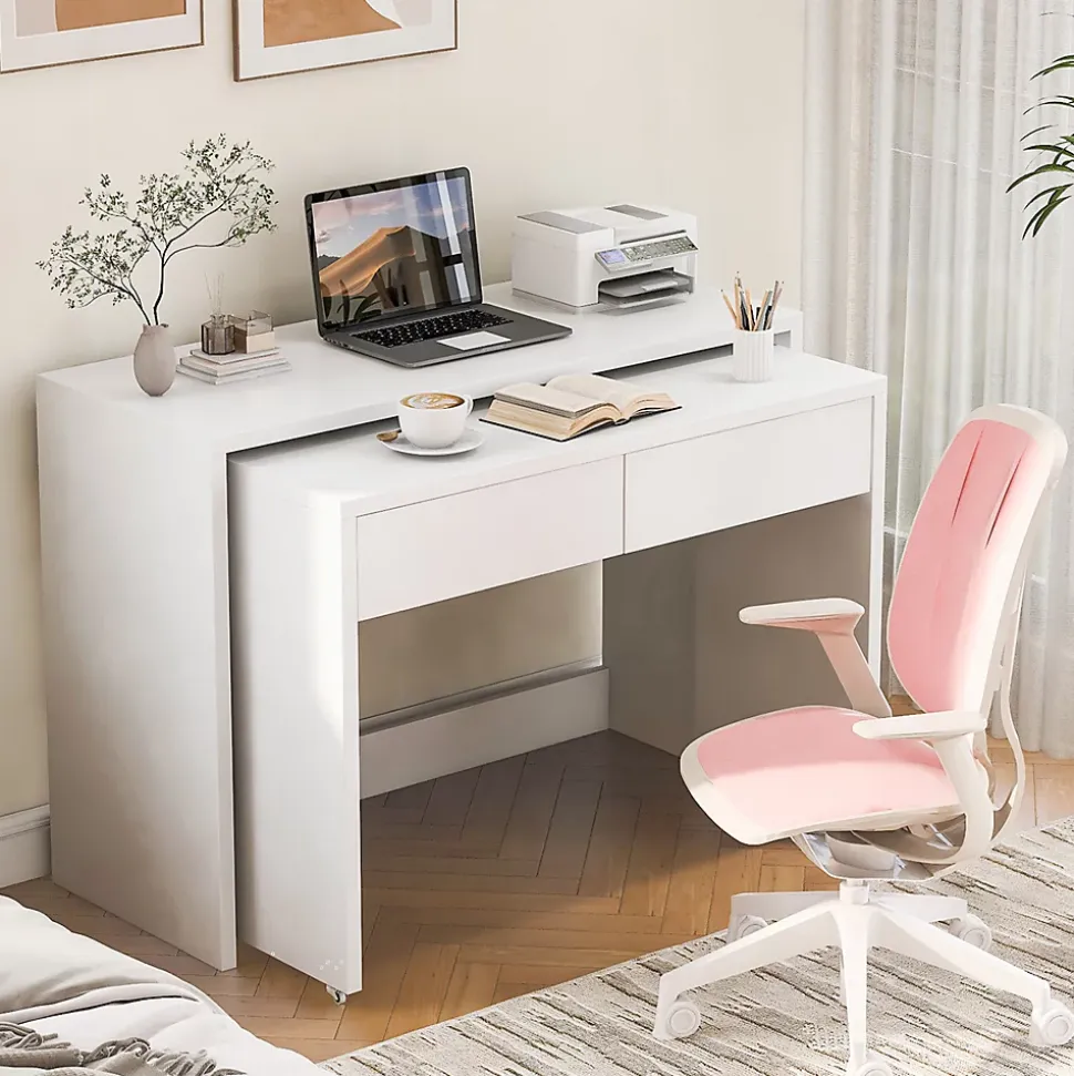 Bureau modulable avec table mobile et rangement, Panneaux de Particules, Roulettes, 110x40x78 cm, Blanc