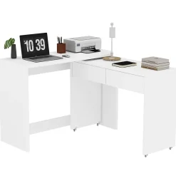 Bureau modulable avec table mobile et rangement, Panneaux de Particules, Roulettes, 110x40x78 cm, Blanc