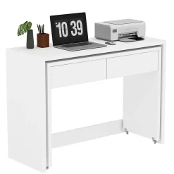 Bureau modulable avec table mobile et rangement, Panneaux de Particules, Roulettes, 110x40x78 cm, Blanc