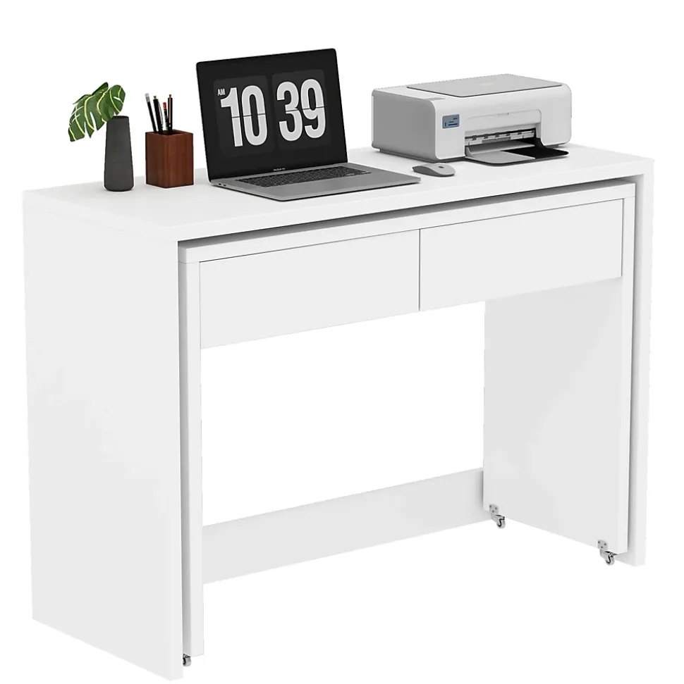 Bureau modulable avec table mobile et rangement, Panneaux de Particules, Roulettes, 110x40x78 cm, Blanc