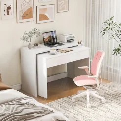 Bureau modulable avec table mobile et rangement, Panneaux de Particules, Roulettes, 110x40x78 cm, Blanc